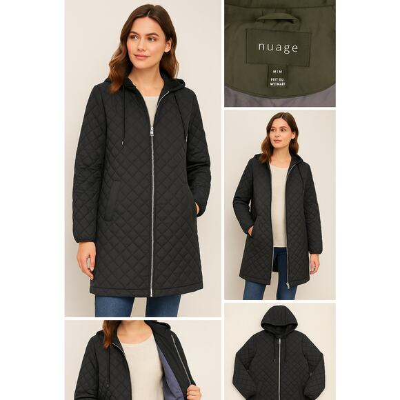 Nuage Black Quilted Hooded Coat M Lightweight Zip Jacket Mid Thigh Warm - Picture 1 of 13